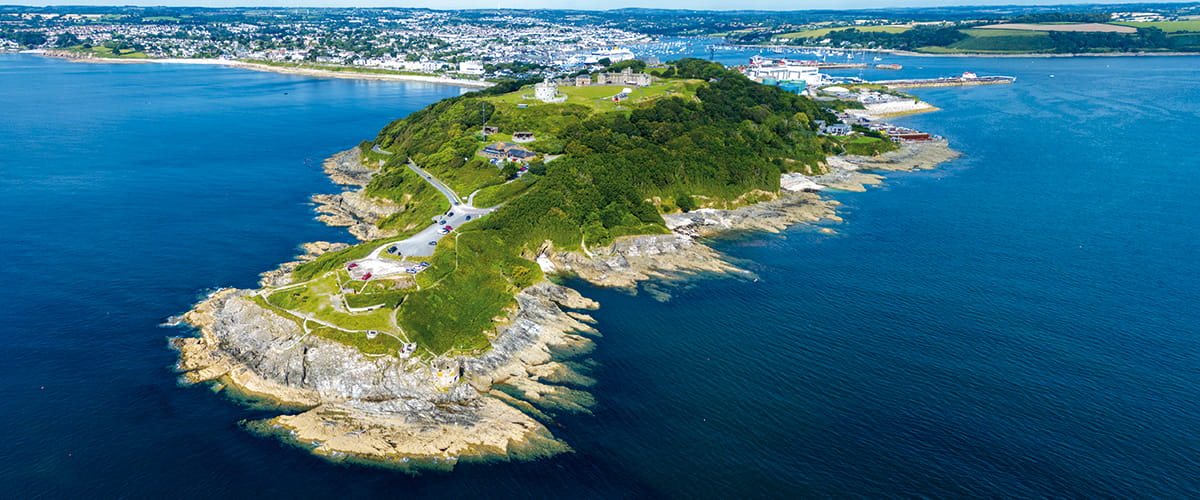 An aerial view over Pendennis Point and Pendennis Castle, Falmouth